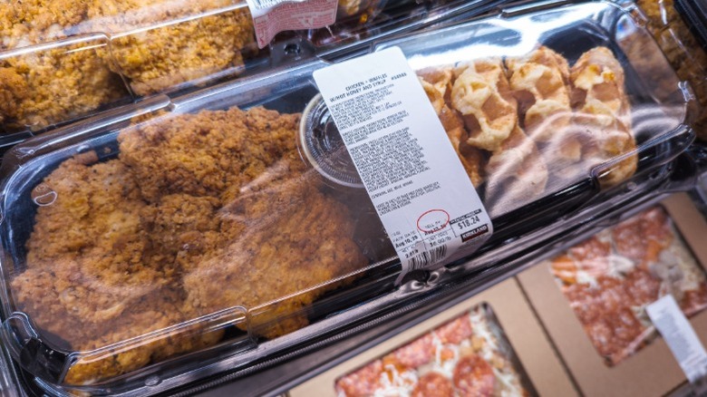 Costco pre-cooked chicken and waffles in deli containers possibly made from unsold chicken.
