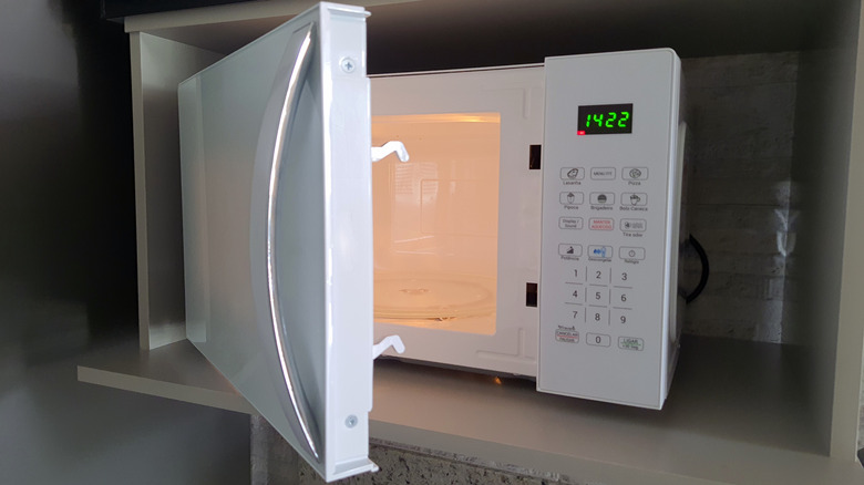 Microwave with its door open