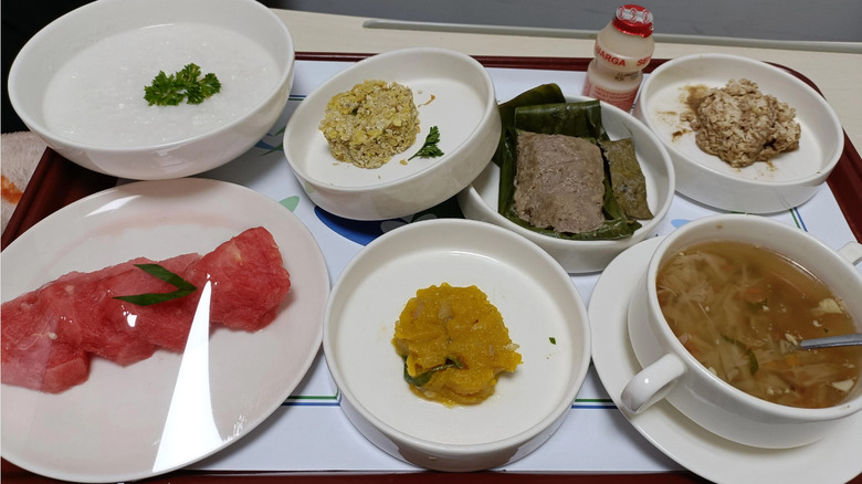 Watermelon, soup, tofu, and potatoes