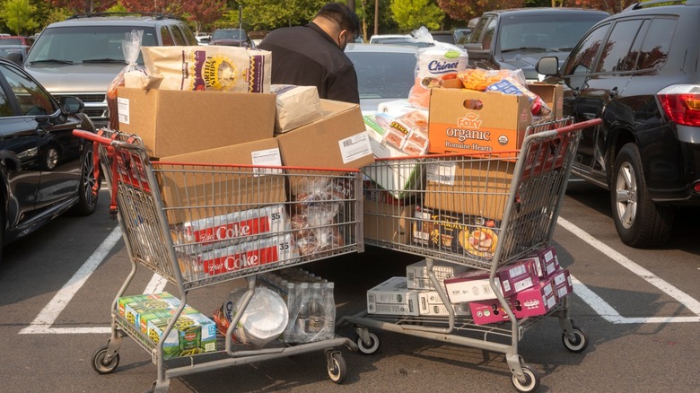 Person putting two baskets' worth of groceries into their car