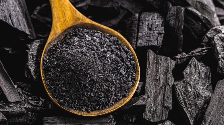 Powdered charcoal on a spoon surrounded by charcoal pieces