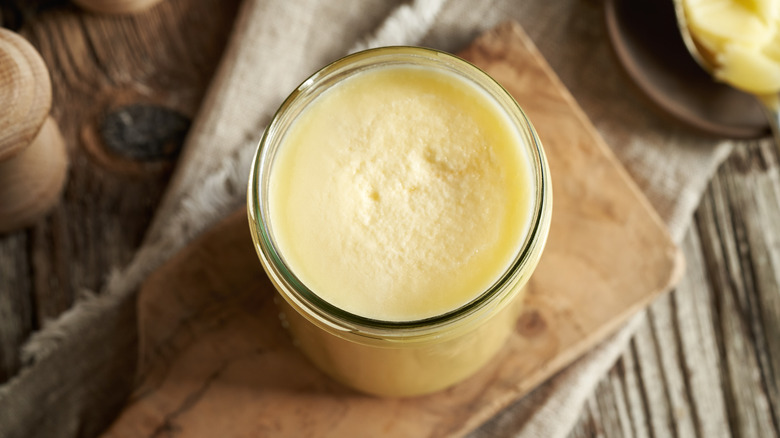 jar of clarified butter overhead view