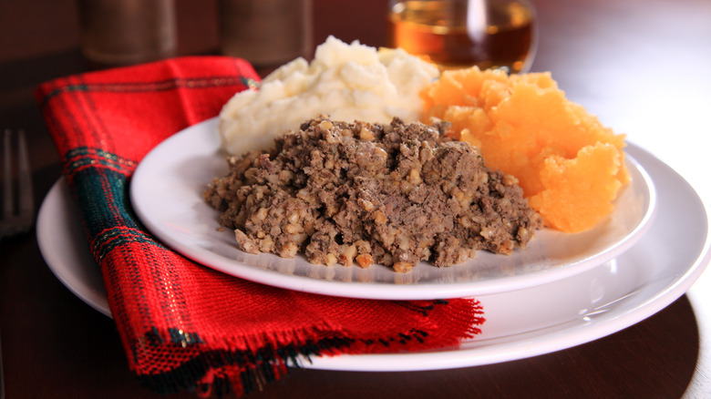 plate of haggis, neeps, and tatties