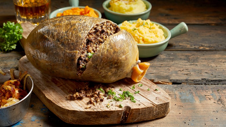 whole haggis on cutting board