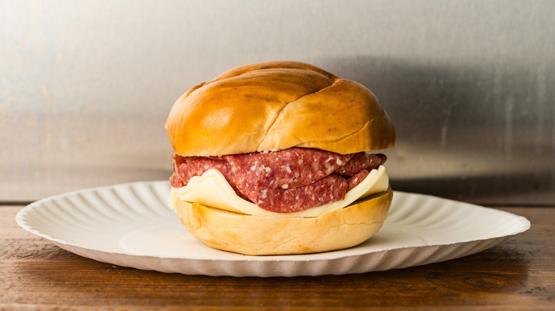 Lebanon bologna and cheese sandwich on a bun