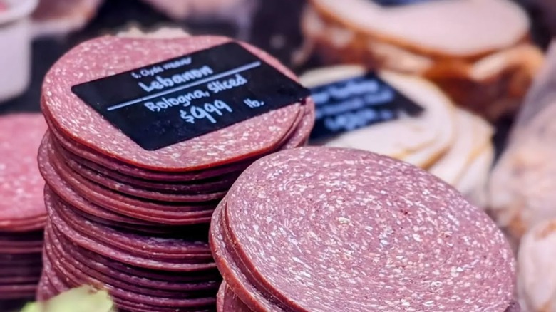 Sacked slices of Lebanon bologna at a deli or market
