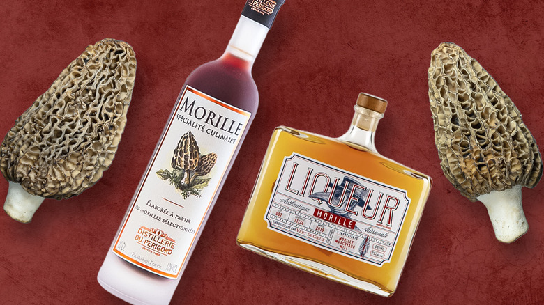 Morel mushrooms and bottles of morel liqueur against burgundy backdrop