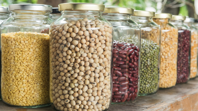 dried beans stored in glass jars