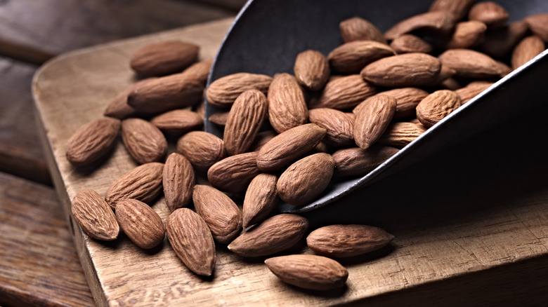 Metal scoop full of almonds