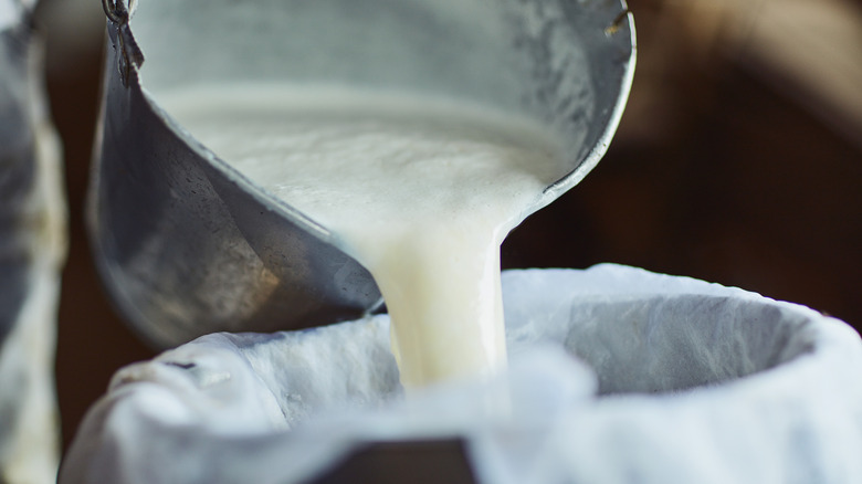 Pouring milk through cloth into a container