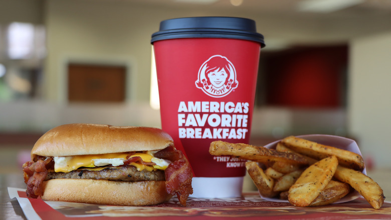 Wendy's Breakfast Baconator with coffee and fries