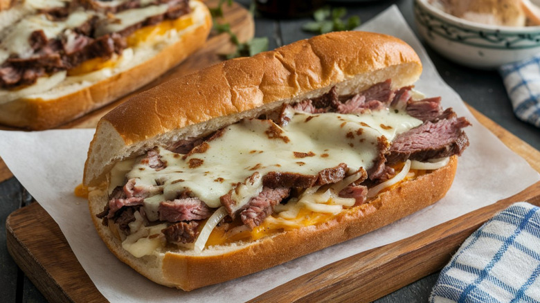Philly cheesesteak sandwich on a board