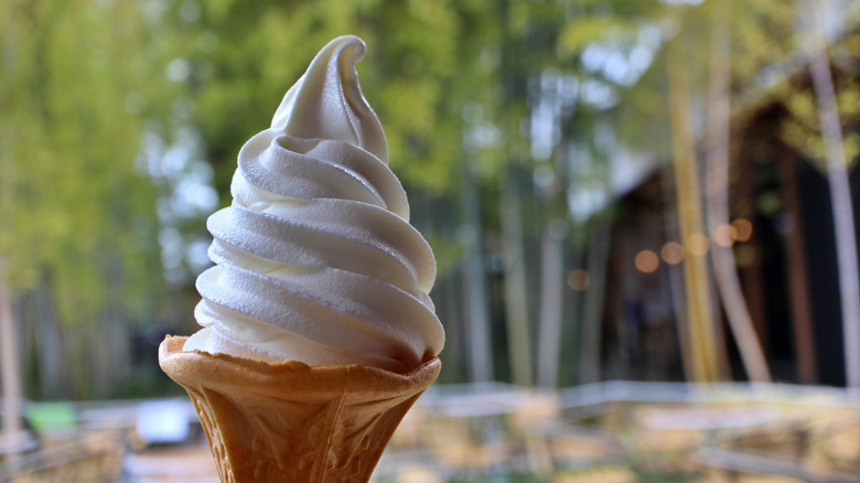 Soft serve ice cream in a cone with blurry trees in the background