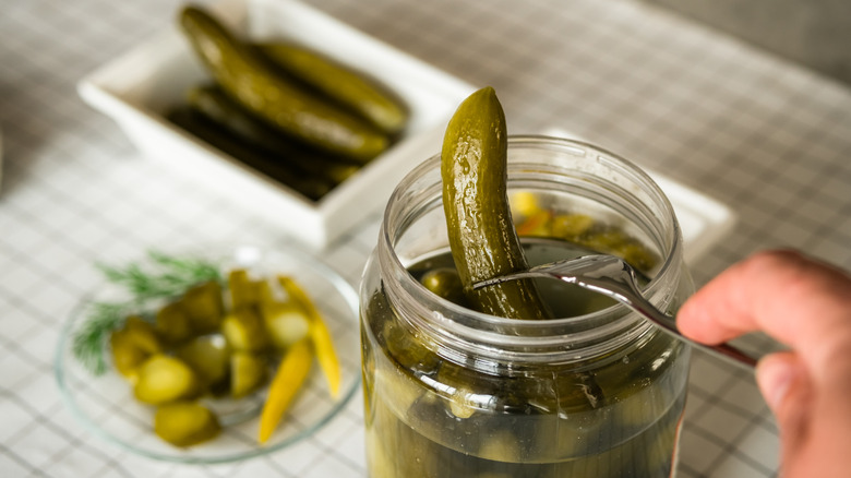 Grabbing a homemade pickle out of the jar with a fork