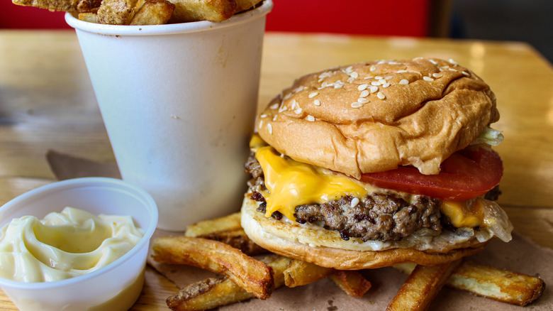 Five Guys cheesy hamburger and crunchy hand cut fries with mayo