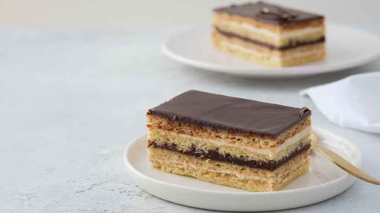 Slice of opera cake on a plate