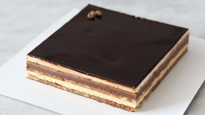 Whole opera cake on a plate