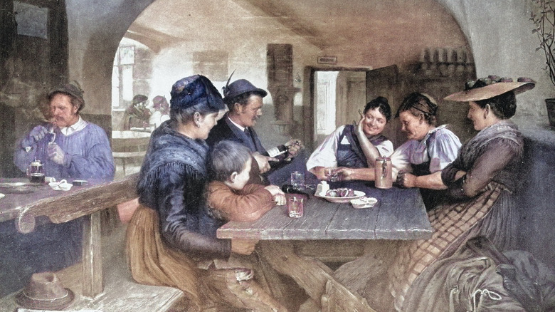 Painting of a family sitting at a wooden table at a restaurant, man opening a bottle of champagne
