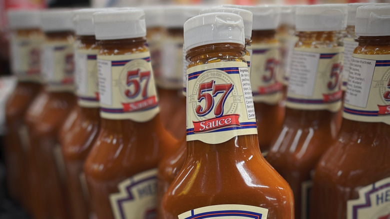 A bottle of Heinz sauce with the number 57 printed in large type on the label.