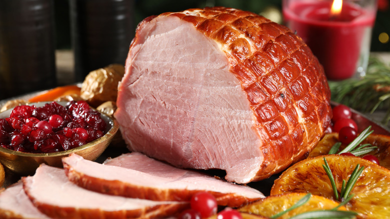 Christmas ham on table.