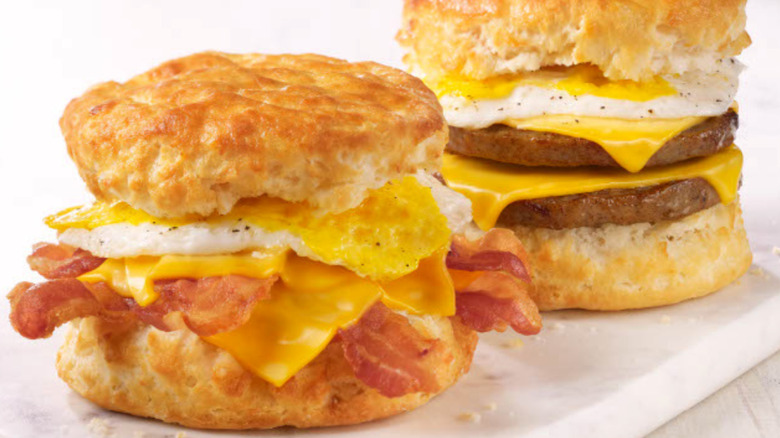 Hardees breakfast biscuit sandwich with cheese, egg and bacon