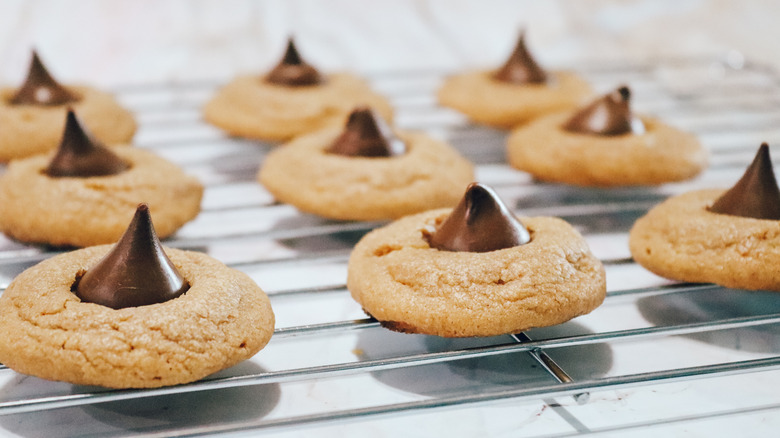 Peanut butter cookies garnished with Hershey's Kisses