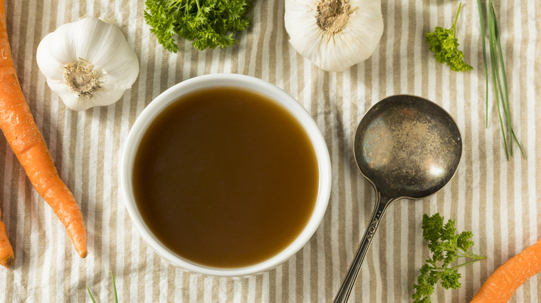 homemade beef bone broth in a bowl