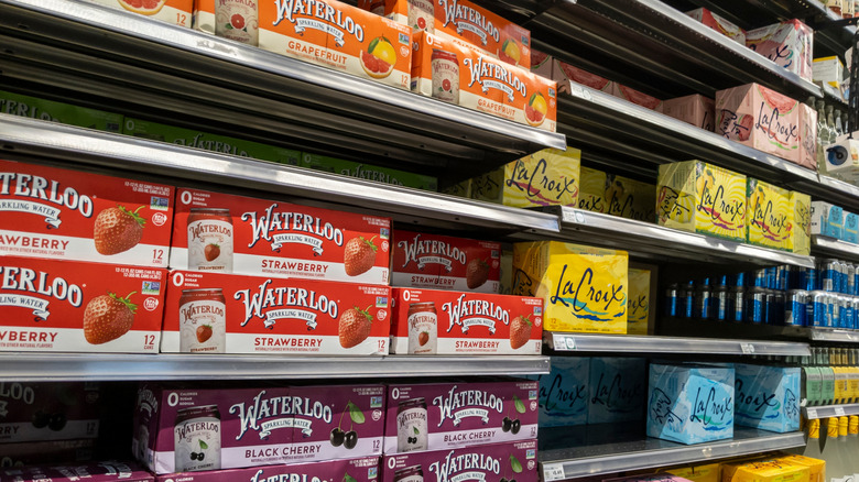 Shelves of sparkling water at the grocery store.