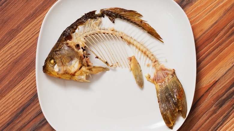 Leftover bones of whole cooked fish