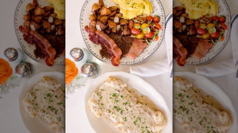 Biscuits and gravy with scrambled eggs, ham, bacon, sausage, Crispy Bits potatoes, and tomato basil salad at The Pioneer Woman Mercantile
