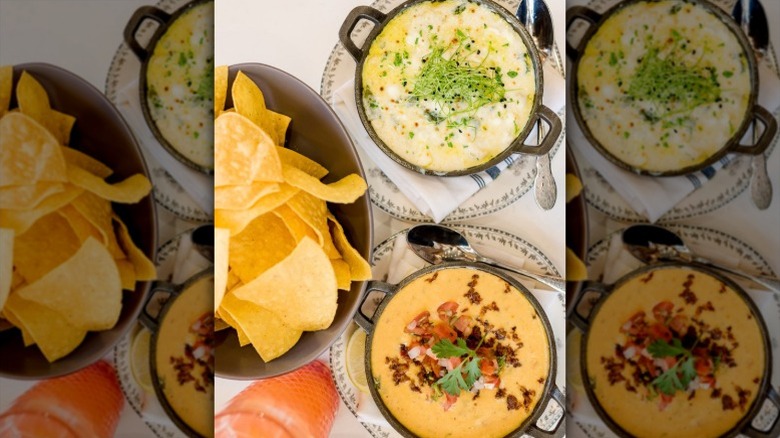Spinach and artichoke dip with microgreens, queso with chorizo, and tortilla chips from The Pioneer Woman Mercantile