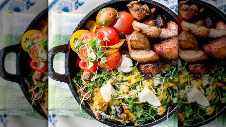 Country scramble with Crispy Bits potatoes, tomato salad, and microgreens at The Pioneer Woman Mercantile