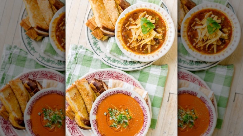 Two grilled cheese sandwiches with tomato and chicken tortilla soup from The Pioneer Woman Mercantile