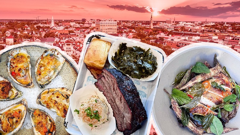 Three plates of food in the lower half of the screen, the city of Charleston in the background, tinted red.