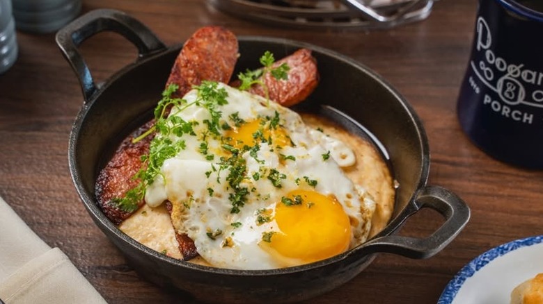 Eggs and bacon in a pan at Poogan's Porch in Charleston