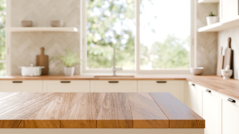 A kitchen with wooden countertops