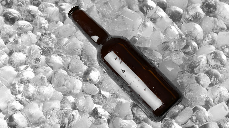 A bottle of beer on ice cubes.