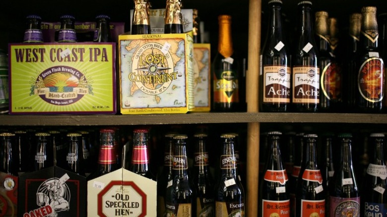 Bottled craft beers on a store shelf.