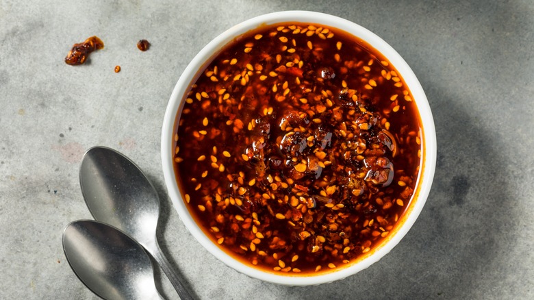 Bowl of spicy, vibrant chili oil