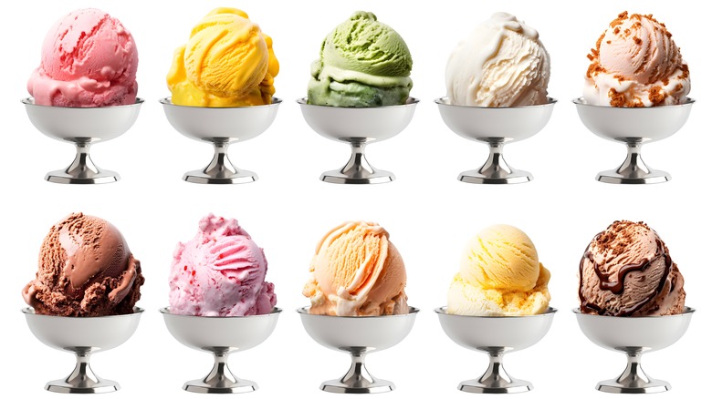 va variety of ice cream flavors in silver cups