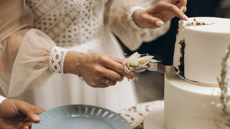 A couple cuts their wedding cake before it is served.