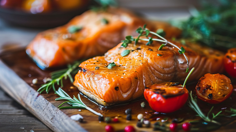 Cedar plank salmon with tomatoes, herbs and peppercorns