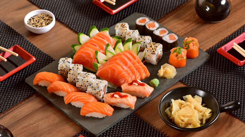 A variety of salmon sushi