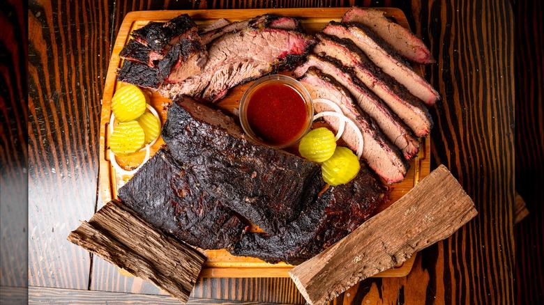 Brisket dinner on cutting board