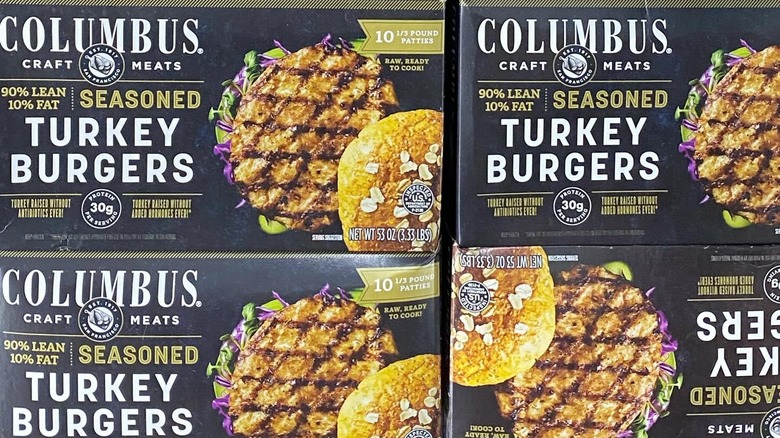 Boxes of turkey burgers in the freezer