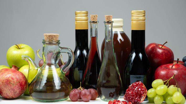 different vinegars in unlabeled bottles