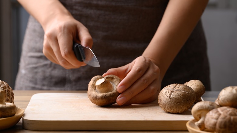 Person cutting fresh shiitake mushrooms