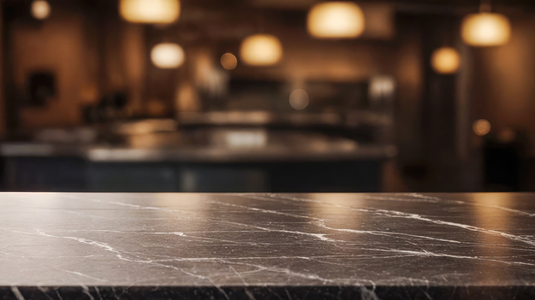 black marble kitchen counter foreground