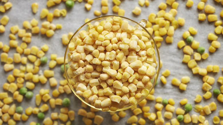 Frozen corn in glass bowl