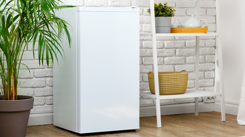 mini fridge in a white room